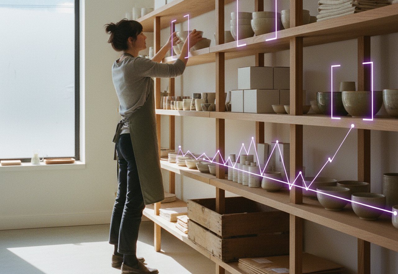 A shop owner facing stock while Campaign Canvas brackets individual products on the shelf and traces a demand curve along the shelf edge