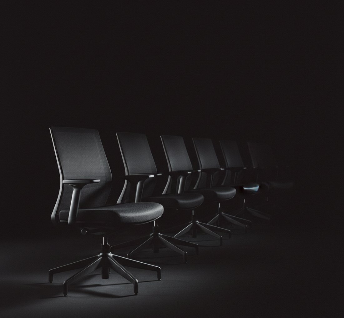 A line-up of rival chairs receding into shadow with one lit in front — competitive topic-ownership benchmark